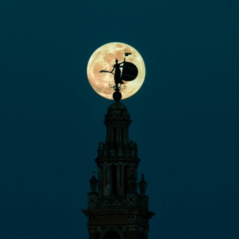 La Giralda silhouetted against the sky at full moon, Seville, Andalusia